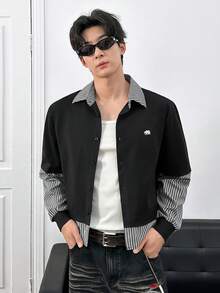 Manfinity BRENVOR Camisa casual de hombre con ajuste holgado, cuello con parche de color contrastante y botones abajo - Negro - Ver 3