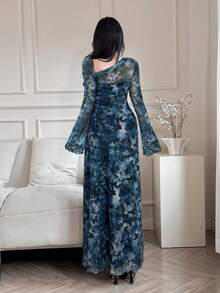 Feyla 女士碎花印花不对称领口荷叶边优雅连衣裙长款晚礼服 - 藏蓝色 - 查看 6