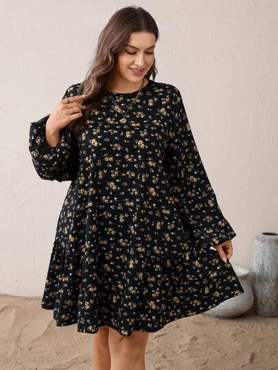 SHEIN Essnce Plus-Size Women's Autumn/Winter Fashionable Casual Loose Comfortable Everyday Black Floral Long-Sleeved Short Dress.Fall Outfits