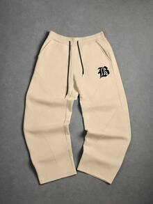 PAVTROS Men's Letter Print Drawstring Waist Casual Versatile Commuter Sweatpants - Khaki - View 4