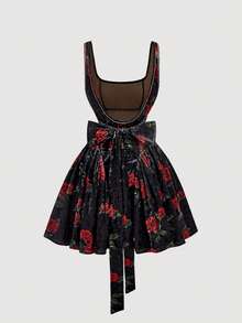 SHEIN MOD Rochie din catifea cu imprimeu floral, fără spate, cu papion - Multicolor - Vizualizare 3