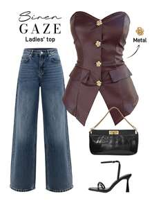 Siren Gaze Leather Top Siren Gaze Old Money Style Women's Burgundy Red Strapless A-Line Top With Slit  Women's Women's Fashion Front Button Camisole Top - Red - View 1