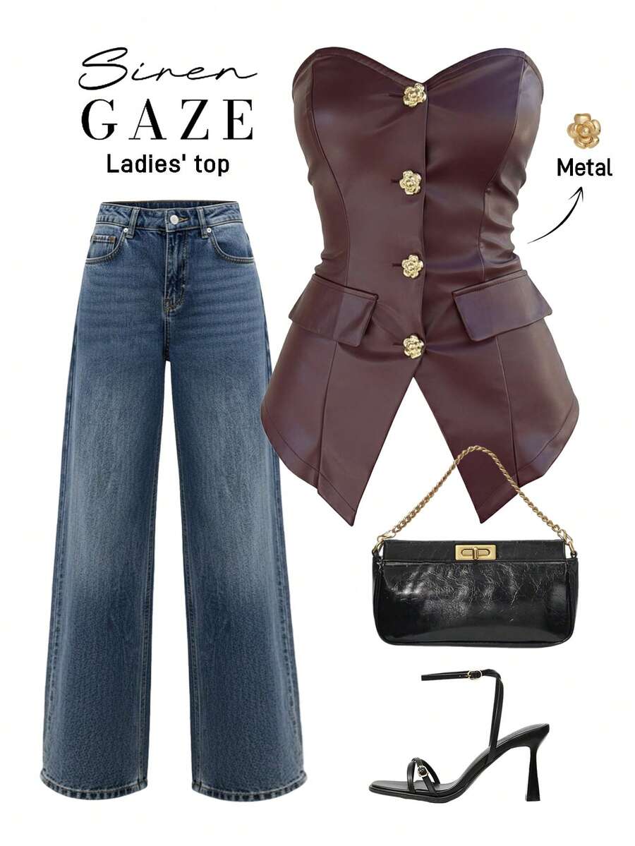 Siren Gaze Leather Top Siren Gaze Old Money Style Women's Burgundy Red Strapless A-Line Top With Slit  Women's Women's Fashion Front Button Camisole Top - Red - View 1