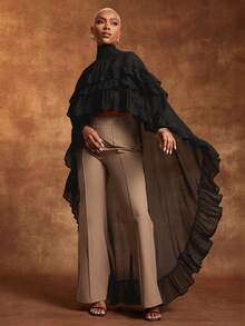 Vixey Black Sheer Chiffon Layered Ruffle Mock Neck Hi Low Hem Top - Black - View 1