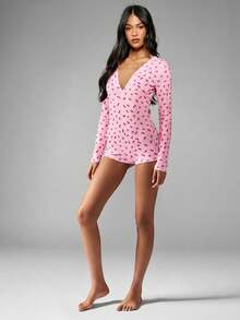 MISSGUIDED Cherry Print Pointelle Long Sleeve Deep V-Neck Romper Playsuit Spring Summer Casual Lounge Sleepwear Jumpsuit - Pink - View 3