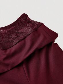 SHEIN MOD Đầm trễ vai phối ren màu đỏ tía cổ điển cỡ lớn dành cho phụ nữ - Màu Đỏ Sâu - Xem 3