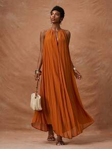 Zivah 2026春夏新款音乐节、复活节、圣帕特里克节、情人节、约会、西部风情、游牧风、生日派对、毕业典礼、大学、学生、日常休闲、基础款、休闲、度假、邮轮、海滩、日光浴、爆款、街头风、婚礼宾客、波西米亚风、通勤、早午餐、机场、派对、假日郊游、办公室着装 露背系带无袖A字长款褶皱飘逸黄色雪纺连衣裙 - 黃色 - 查看 5