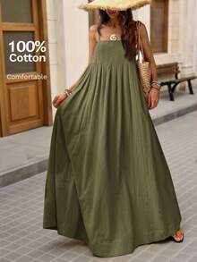 SHEIN VCAY 女士宽松纯色梭织连衣裙，适合春夏季度假 - 綠色 - 查看 7