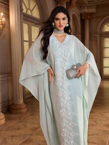 Al Najma 女士花卉刺绣V领蝙蝠袖优雅阿拉伯连衣裙 - 薄荷綠 - 查看 6