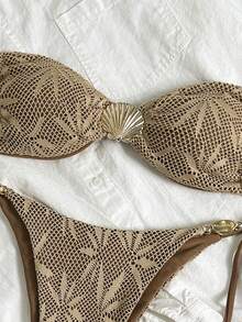 Swim Vcay Bộ bikini nữ mùa xuân/hè gồm áo hai dây dệt kim jacquard không gọng, họa tiết vỏ sò và quần bơi buộc dây bên hông, thích hợp cho kỳ nghỉ biển hoặc du lịch. - màu nâu - Xem 4