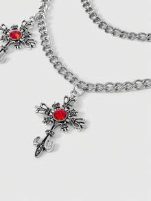 ROMWE Grunge Punk 1件装女士星形装饰多层裤链 - 銀色紅色水鑽十字架雙層鏈條褲鏈 - 查看 3