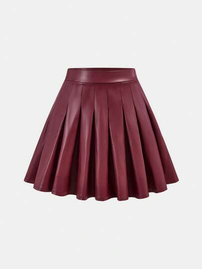 SHEIN Tween Girl Casual högmidjad mångsidig enfärgad plisserad kort PU-kjol