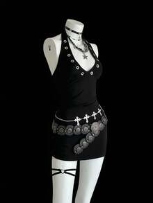 EgrlEra Metal Studded Deep V-Neck Sleeveless Mini Dress For Women - Black - View 7