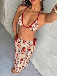 Bonvoyette 3件套女士沙滩装：时尚可爱度假风撞色随机海洋动物印花可调节吊带上衣、侧系带泳裤和长裙比基尼 - 彩色 - 查看 1
