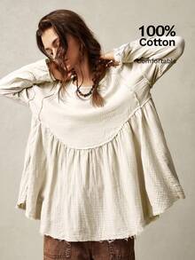 Bohemela 度假纯色梭织宽松长袖女式长衬衫 - 白色 - 查看 9