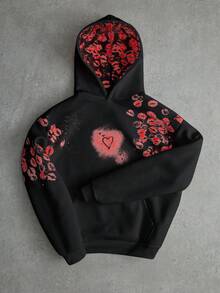 STEELVANCE 男士INS风高端小众心形印花连帽衫，适合情人节、个性化英文户外音乐节、夜店、男友/老公礼物、周年纪念礼物，白色 - 黑色 - 查看 4