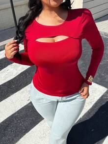 Easura 大码女式极简镂空休闲上衣 - 酒紅色 - 查看 3