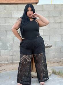 Truni Ropa de otoño para mujer, pantalones anchos de encaje transparente elegantes y sexys de talla grande para invierno - Negro - Ver 7