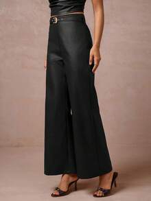 Lumalex Women's High Waist Straight Leg Pants With Faux Leather Belt - Black - View 5