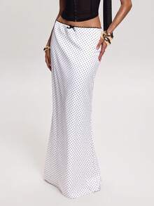 SHEIN BAE Chân váy đuôi cá chấm bi đen trắng thanh lịch dành cho nữ mùa Xuân/Hè với chi tiết nơ. Chân váy chấm bi thanh lịch, chân váy đuôi cá, chân váy satin trắng, chân váy họa tiết chấm bi, chân váy đa năng cho Ngày Valentine, đi làm, mặc thường ngày, trang phục thời trang. Chân váy hẹn hò thanh lịch, chân váy hẹn hò lãng mạn, chân váy dự tiệc cocktail, chân váy hẹn hò Valentine. - trắng - Xem 6