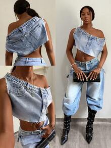 StreetHx Áo sơ mi denim nữ màu trơn thời trang dáng bất đối xứng - Rửa nhẹ - Xem 1