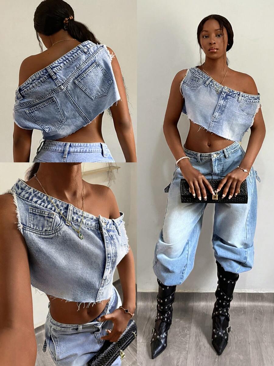 StreetHx Áo sơ mi denim nữ màu trơn thời trang dáng bất đối xứng - Rửa nhẹ - Xem 1