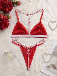 SHEIN 2pcs Set Heart Rhinestone Decor Metallic Lingerie Set Bridallingerie, Rave - Red - View 2