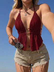 Swim Vcay 女士特制酒红色沙滩度假可爱串珠比基尼红色上衣女士沙滩比基尼2026夏季女士沙滩裙女士沙滩优雅休闲夏季假期女士沙滩比基尼夏季沙滩花卉蕾丝网纱串珠挂脖吊带背心式泳衣，配撞色抽绳泳裤，适合春夏度假复古泳衣流苏泳装波西米亚风泳衣红色泳衣上衣红色吊带背心式泳衣红色罩衫泳衣红色沙滩裙红色连体泳衣 - 紅色 - 查看 6