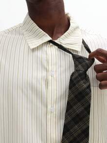 SUMWON 短款细条纹长袖衬衫，配格子领带，复古风秋季休闲纽扣衬衫 - 白色 - 查看 7