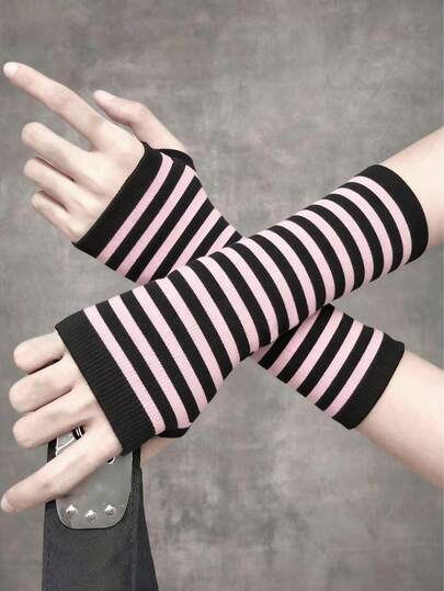 Goth 1 Pair Of Minimalist Style Knitted Gloves, Y2K Style Solid Color Striped Arm Cover, Black Pink Striped Contrasting Color Spring And Autumn Thin Warm Arm Cover