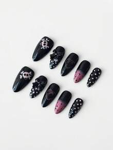 ROMWE Anime 10片可爱蝴蝶结音符星星元素高品质手工假指甲 + 3片双面胶，Y2K法式水钻链条波点可移除美甲贴纸，适合节日、派对、跳舞和日常佩戴 - 粉黑色 - 查看 1