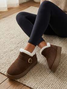 Dama botines de forro afelpado hebilla decorativa punta cerrada estilo acogedor para uso diario botines - Café integral - Ver 2