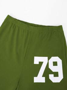 Sparklyn 2件套休闲时尚少女数字图案V领短袖上衣和阔腿运动裤套装 - 軍綠色 - 查看 8