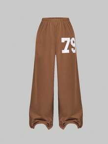 SHEIN ChillGRL 2pcs/Set Casual Fashion Teenage Girls Number Graphic V-Neck Short Sleeve Top And Wide Leg Sweatpants Set - Brown - View 6