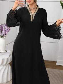 Al Najma 女士优雅阿拉伯风格拼接刺绣金线蕾丝边饰派对礼服 - 黑色 - 查看 5