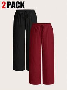 SHEIN EZwear Bộ 2 quần dài nữ cỡ lớn, màu trơn, đỏ rượu vang và đen. - Màu Đỏ Sâu - Xem 6