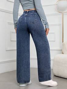 SHEIN ICON Women's Solid Color Casual Denim Jeans - Blue - View 2