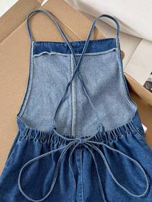 Comfortcana 大码女式休闲宽松吊带牛仔连体裤 - 中等水洗藍 - 查看 7
