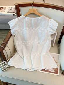 GlowEve CURVE Áo kiểu nữ cỡ lớn thanh lịch với họa tiết ren thêu, cài cúc phía trước, vạt áo bất đối xứng, thích hợp cho mùa xuân/hè. - trắng - Xem 2