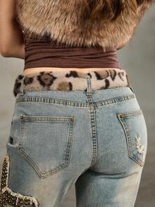 ROMWE J-Fashion 1 pieza Accesorio de vestido/jeans con decoración de flecos y lazo en la cintura con estampado de leopardo y pelaje para mujer, versátil para uso diario - Pelo corto con estampado de leopardo blanco - Ver 5