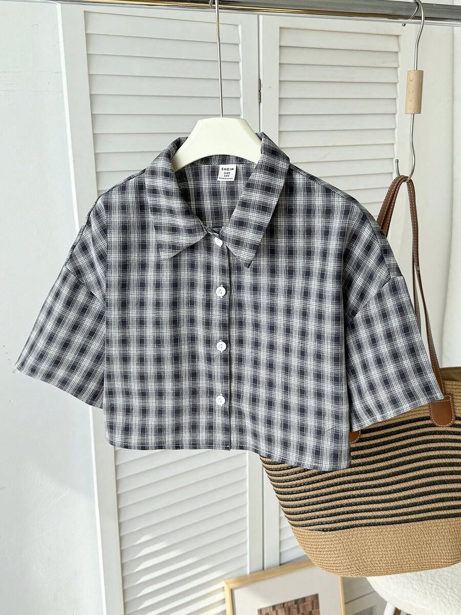 SHEIN 少女休闲日常时尚复古藏蓝色白格子短袖衬衫 - 藏蓝色 - 查看 1