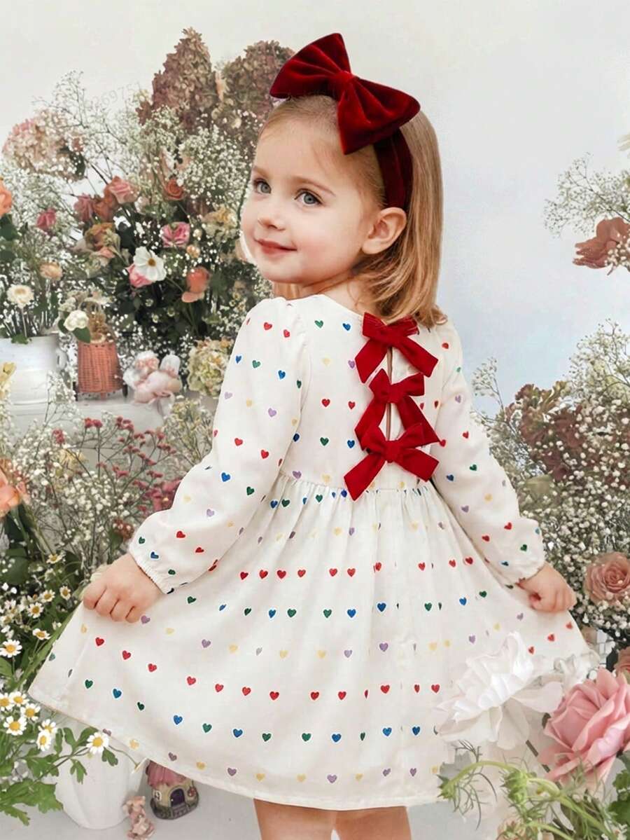 SHEIN 女婴可爱优雅花卉图案蝴蝶结装饰长袖宽松连衣裙 - 彩色 - 查看 1