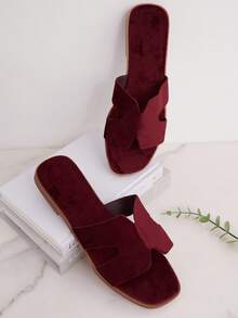 SHUZIA Women Shoes Minimalist Open Toe Thin Flat Bottom Everyday Basic Slip-On Slippers Velvet Burgundy Sliders - Burgundy - View 3