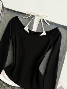 Glimmora 女士Y2K风格休闲日常通勤打结吊带长袖两用T恤，春秋季 - 黑與白 - 查看 4