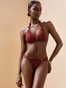 Zivah 新款优雅可调节肩带和腰部设计度假休闲沙滩比基尼套装 - 棕色 - 查看 4