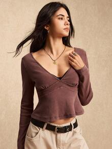 Easelle 女士棕色荷叶边下摆休闲长袖T恤 - 棕色 - 查看 4