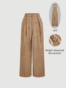 SHEIN MOD Women's Elegant Fold Pleated Wide Leg Pants With Crystal Decor,Khaki Summer Rhinestone Glittery Pants For Party,Dining,Office,Business Casual Style - Khaki - View 1
