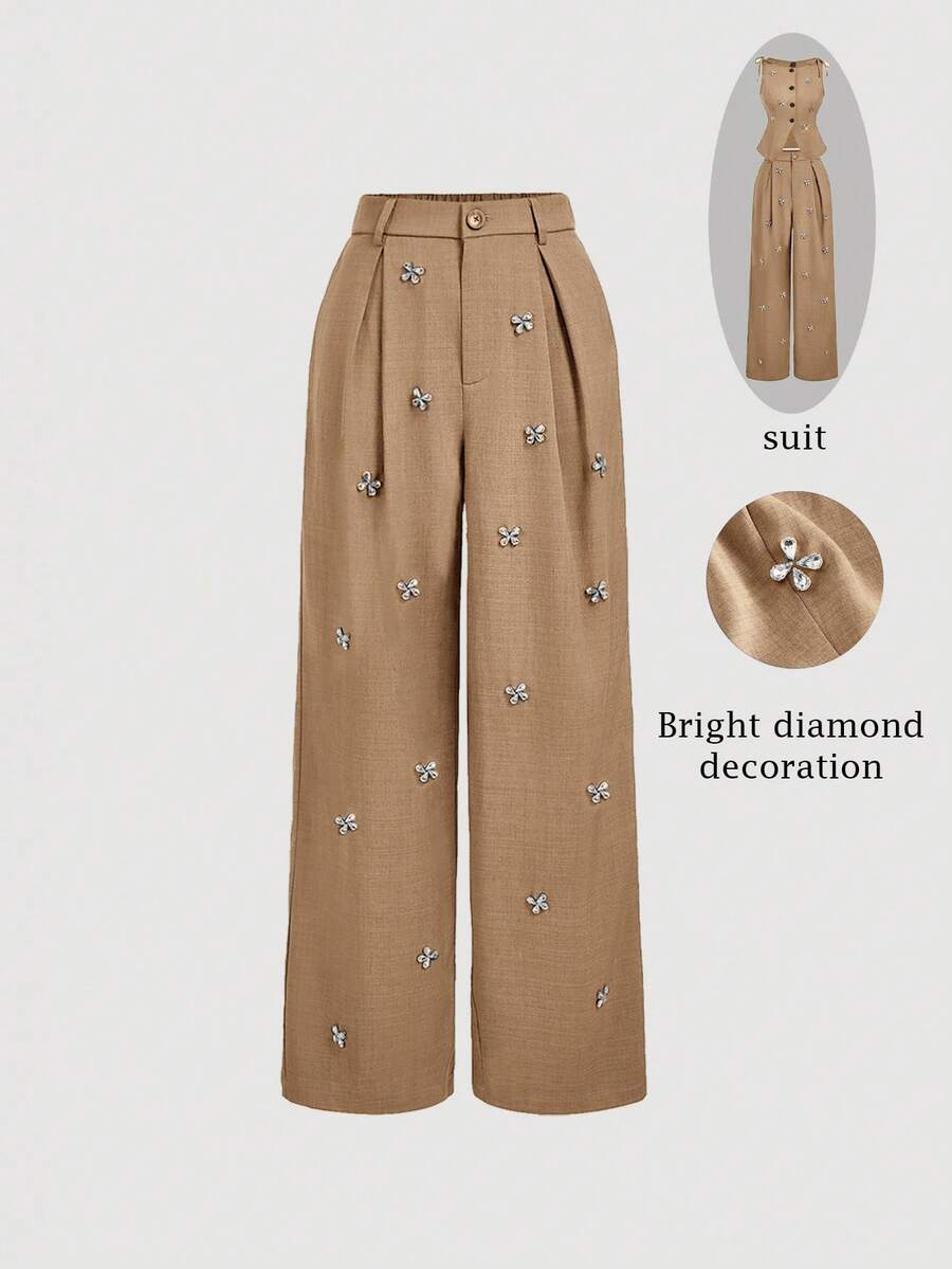 SHEIN MOD Women's Elegant Fold Pleated Wide Leg Pants With Crystal Decor,Khaki Summer Rhinestone Glittery Pants For Party,Dining,Office,Business Casual Style - Khaki - View 1