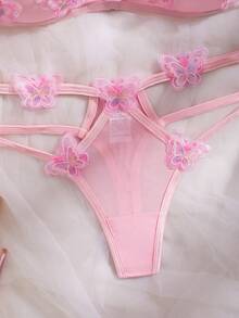浪漫、纯净、性感 3D 蝴蝶装饰网纱文胸+丁字裤女士性感内衣套装 - 粉色 - 查看 3
