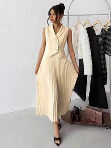2pcs/Set Casual Elegant Collared Sleeveless Top And Pleated Skirt Set, Suitable For Weekend, Casual Outing, French Chic Lady Outfit - Apricot - View 3